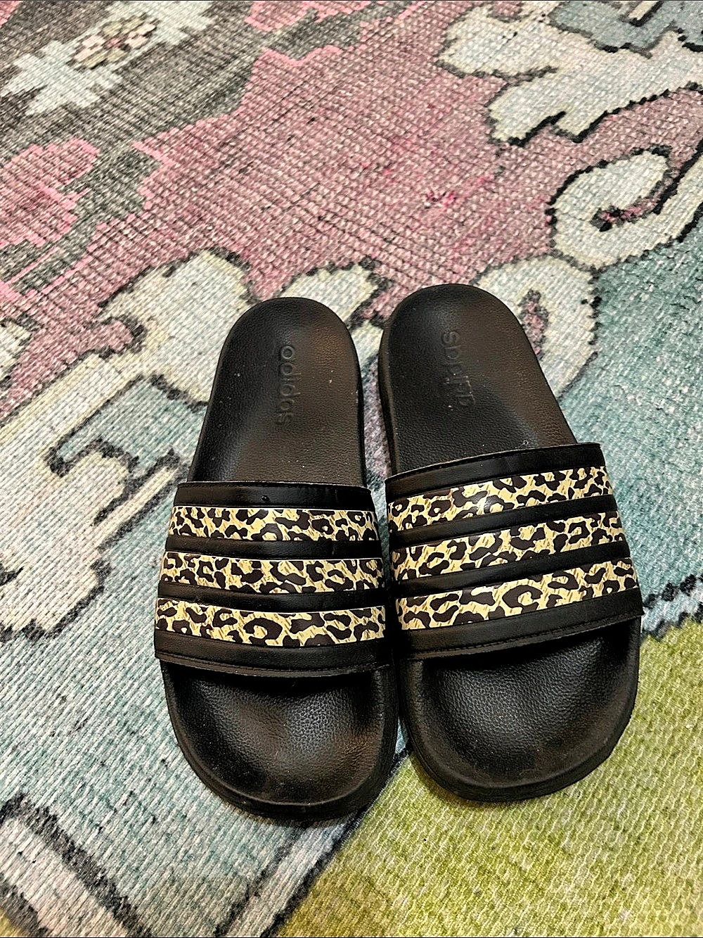 adidas Adilette Comfort Slides Leopard Print Black & Gold Sandals
